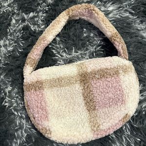 Cream & Pink Plaid Sherpa Saddle Bag